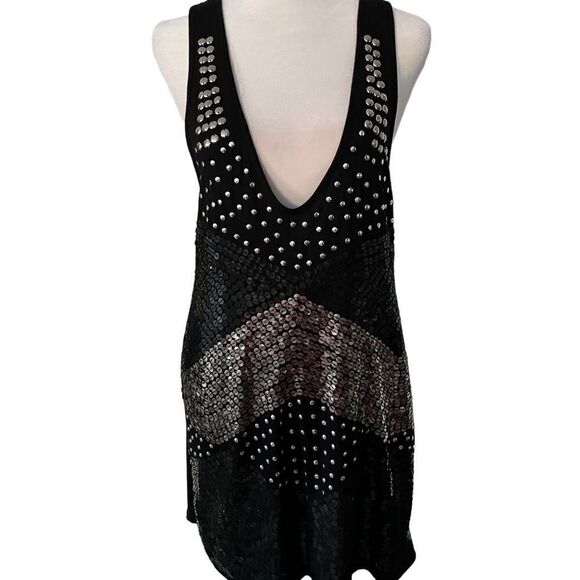 Boston Proper black Racerback style v neck embellished mini dress - Picture 1 of 9